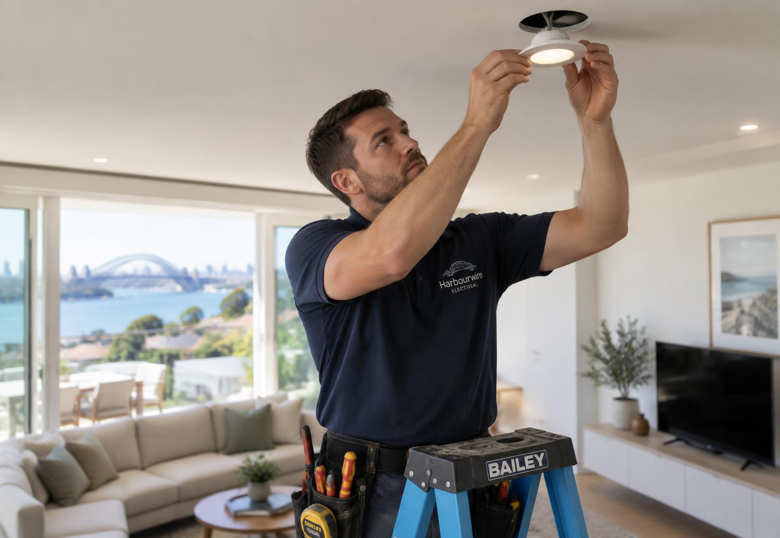 Electrician installing LED downlights in a modern Sutherland Shire home